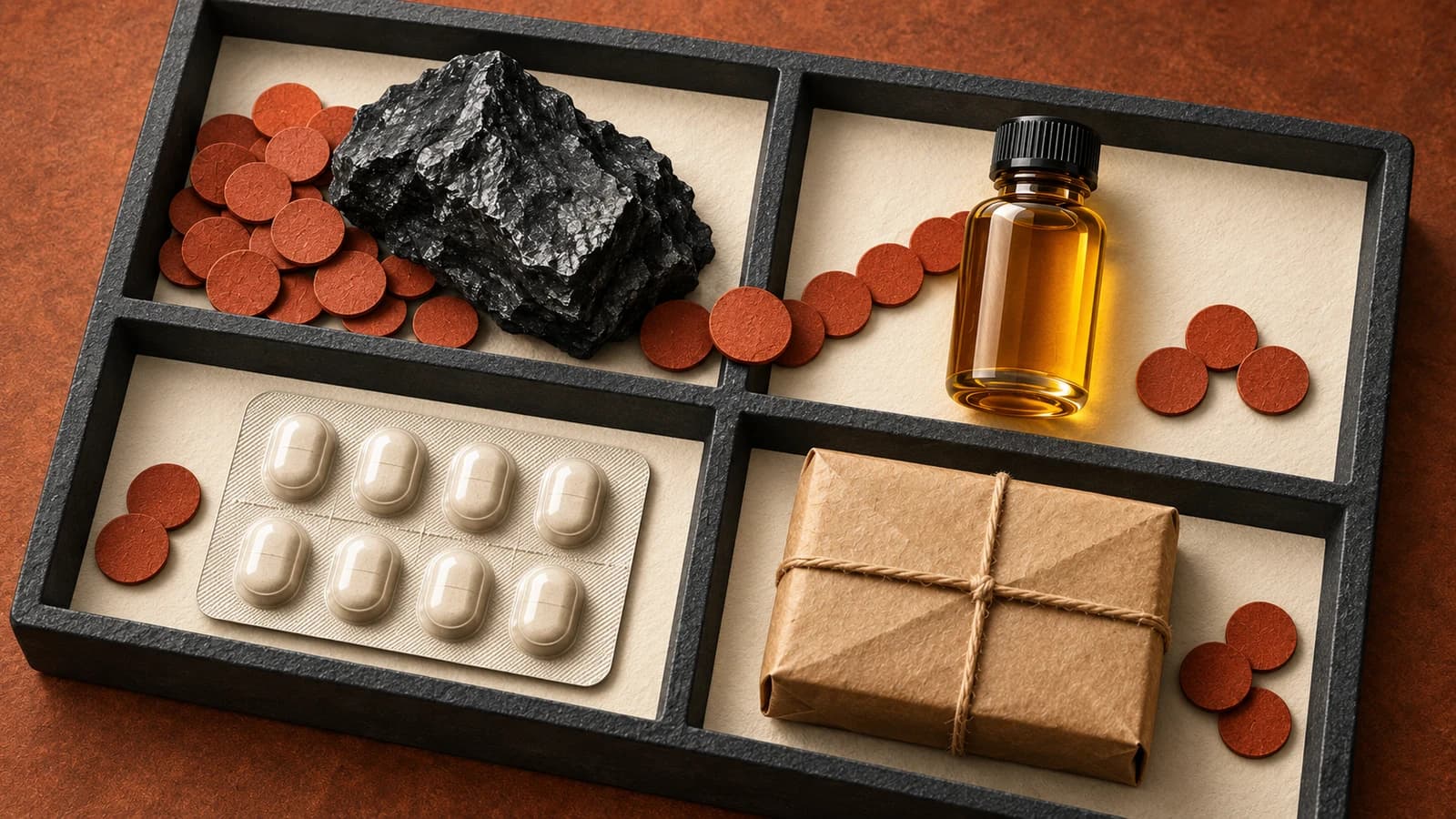 A diagonal four-compartment tray holds ore, an oil vial, a medicine blister and a parcel, with rust position discs crossing the divider toward the oil.