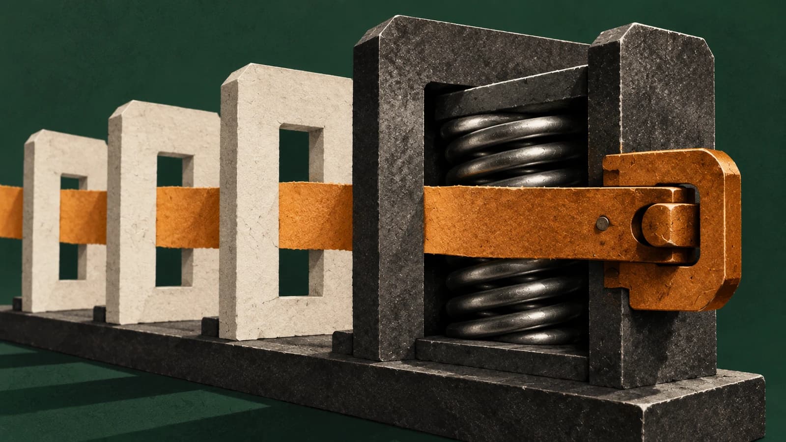An amber band passes four screening gates toward a dark spring restrained by a closed latch.