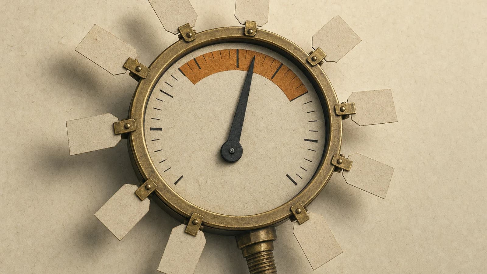 A sealed brass pressure gauge on warm cream paper, its black needle pushed deep into the amber band, with ten small paper ticker tags clipped around the rim.