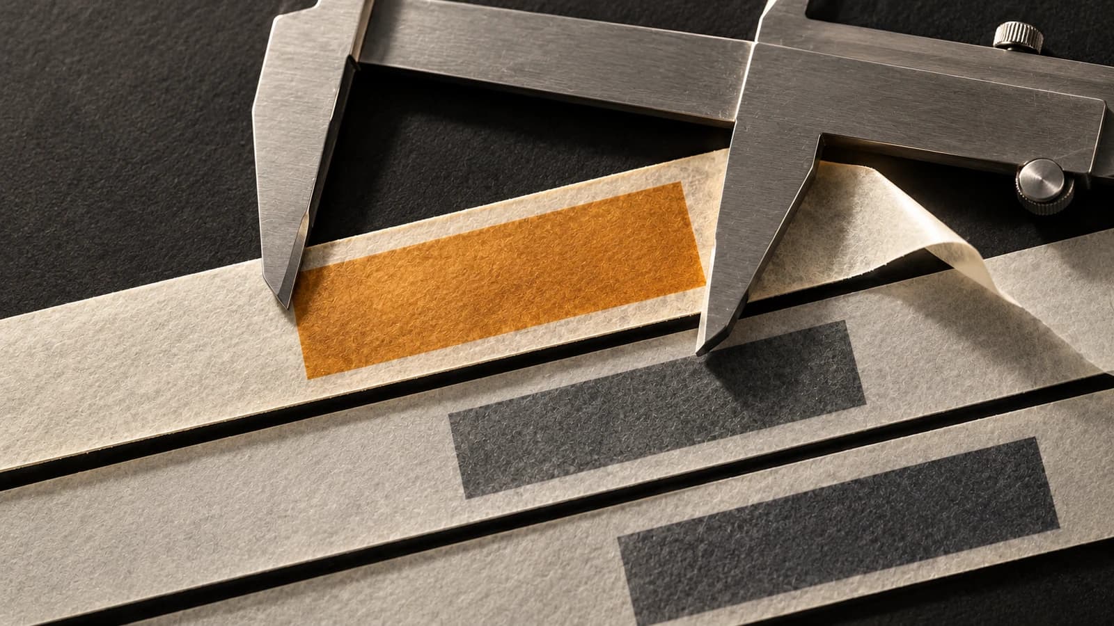 An unmarked steel caliper compares layered ivory report strips, with an amber patch and a lifted corner revealing another layer.