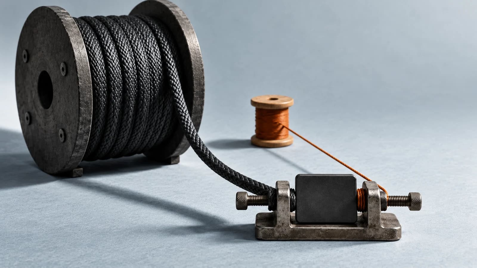 A large charcoal cable reel and a small amber spool feed continuous strands diagonally into one foreground borrowing clamp.