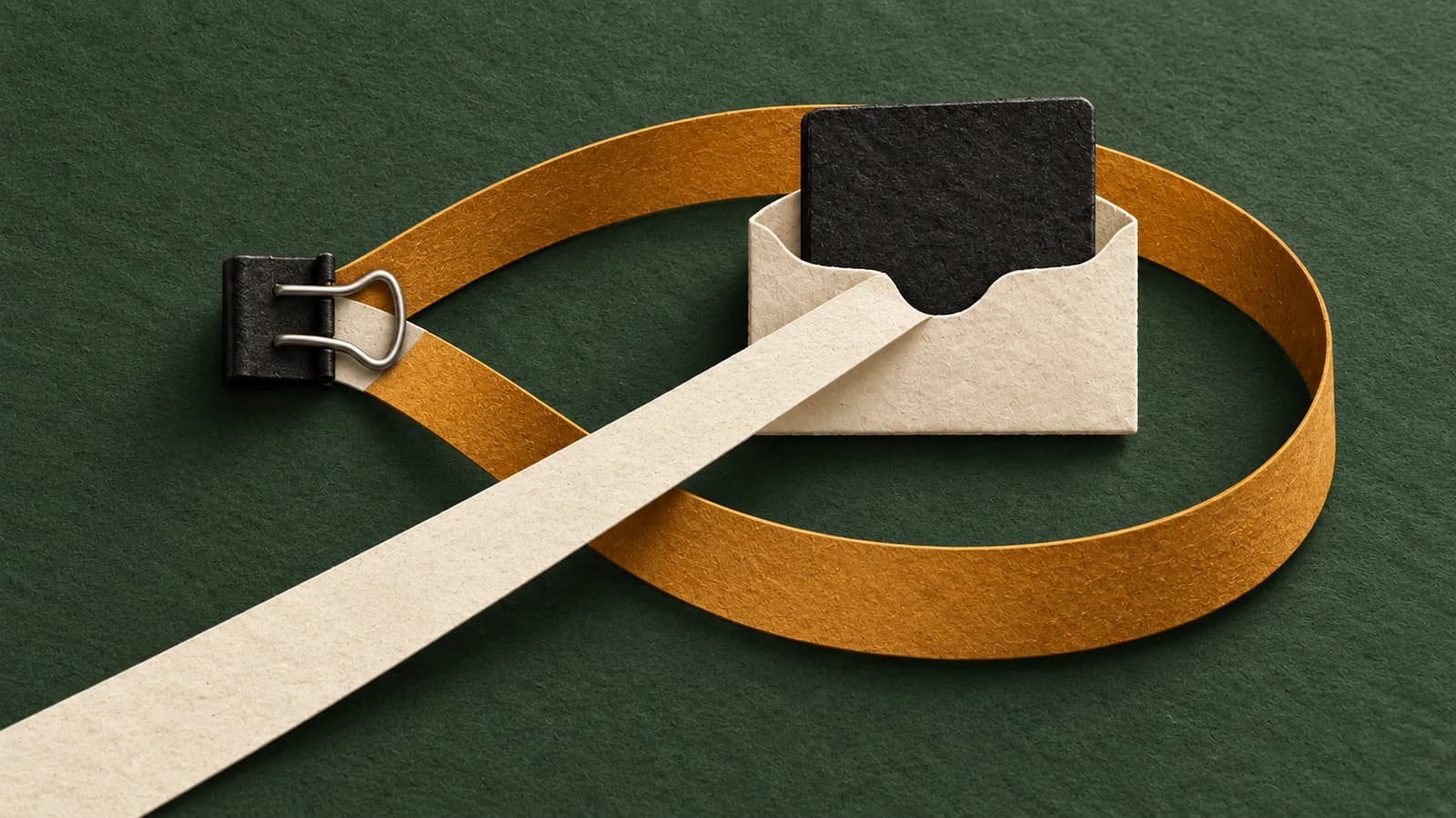 A straight ivory path reaches a share tile in an ownership pocket while a longer amber ribbon loops back to a lending clip.