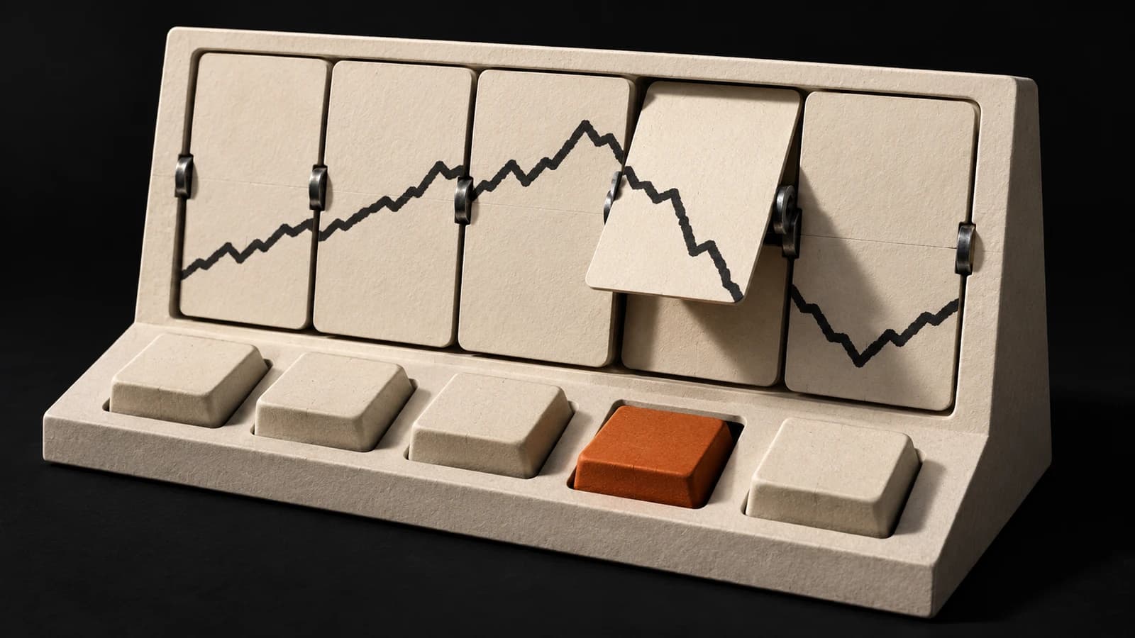 A cut-paper split-flap panel on a charcoal field, its upper flap falling to reveal a new ink line, above a row of keys with one amber key pressed down.