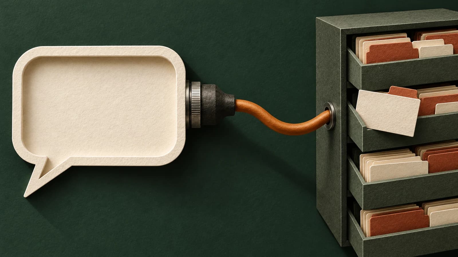 An ivory conversation frame connects by an amber cable to organised research records, with one plain card pulled forward.