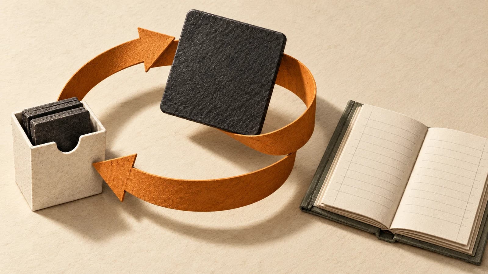 An amber loan-and-return loop carries a charcoal share tile from an ivory holder beside a plain ruled record ledger.