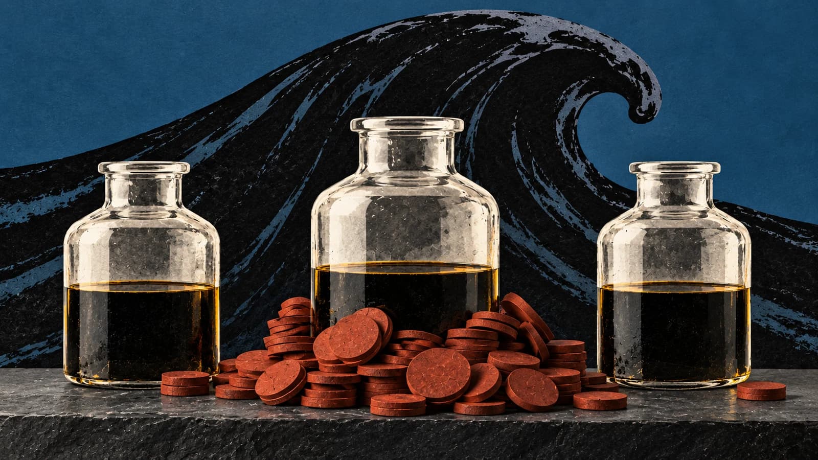 Three petroleum vessels stand before a coal-black oil curl on mineral-blue ground, with rust position discs concentrated around the middle vessel.