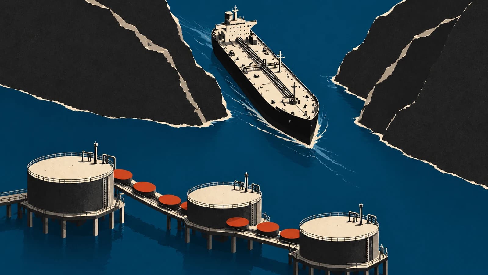 An ivory tanker passes between charcoal paper banks above three connected energy-storage platforms carrying rust position discs on mineral-blue water.