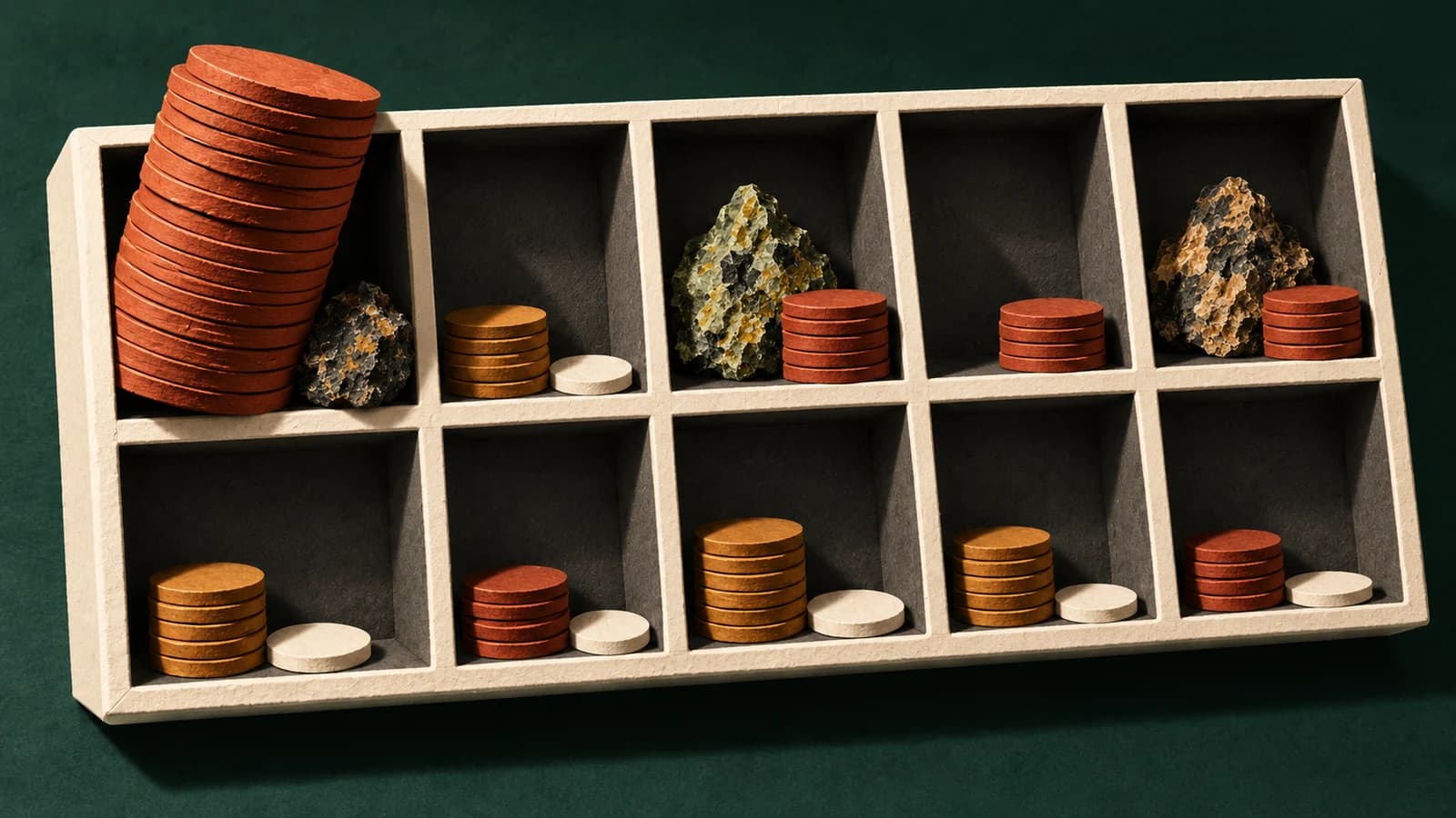 A pale ten-slot rack holds uneven position-disc stacks and three ore specimens, with one oversized rust stack leaning above its compartment on ink-green ground.