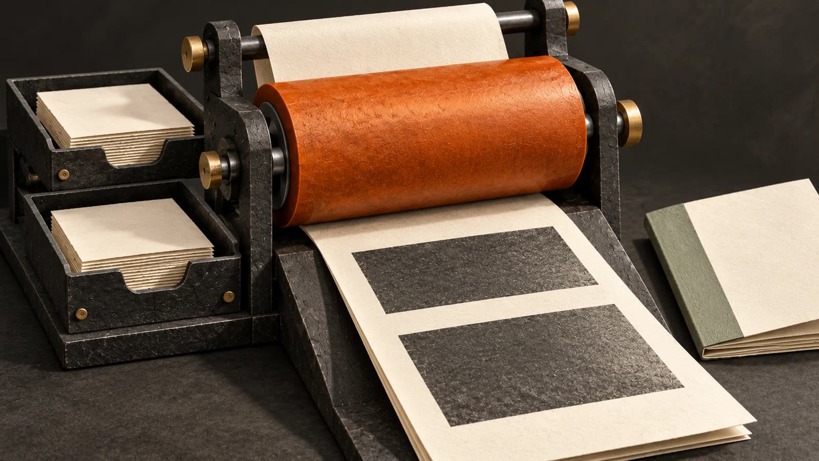 An amber roller draws ivory paper through a charcoal printing press beside source trays and a plain report booklet.