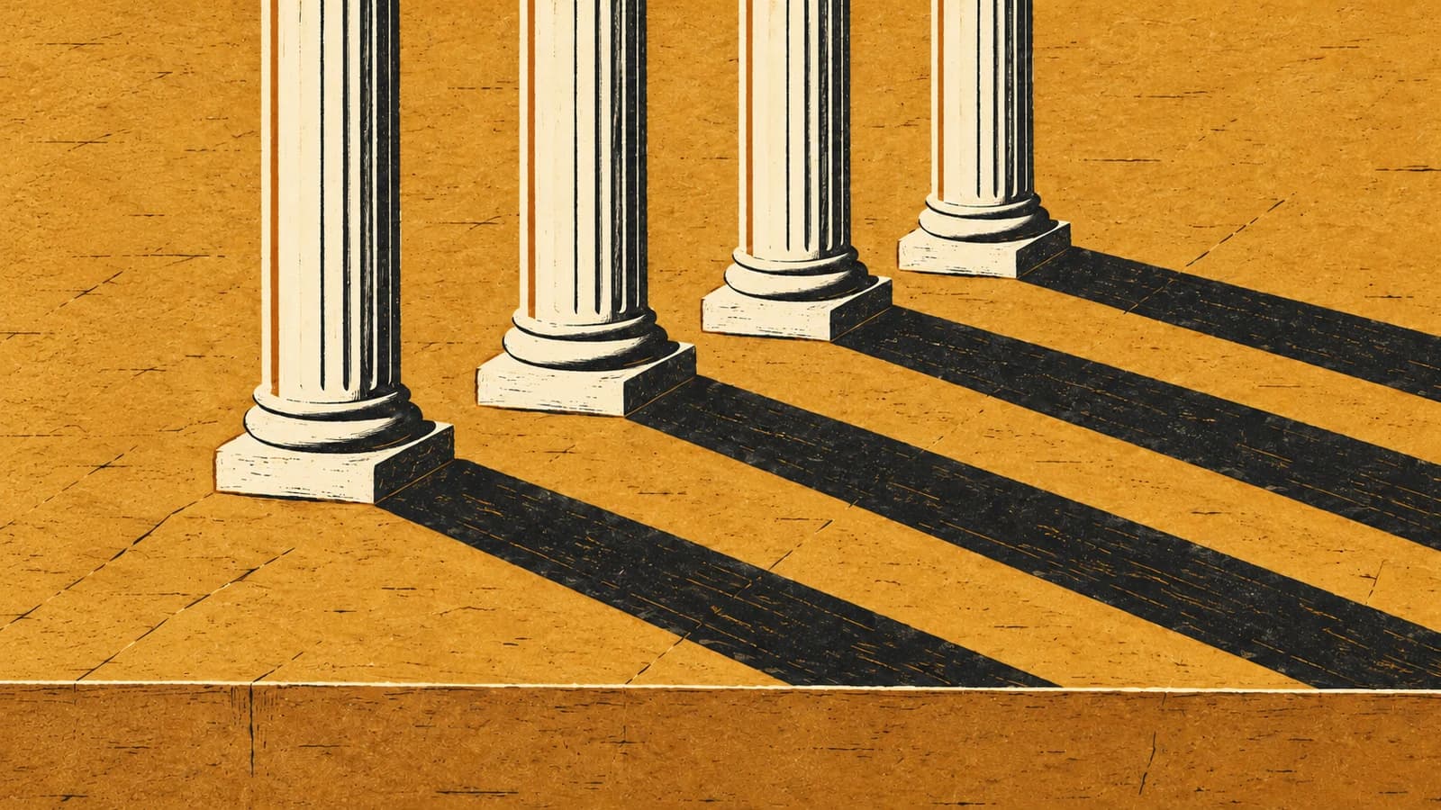 Low light casts long parallel charcoal shadows from four upright fluted ivory columns across a golden sandstone step.