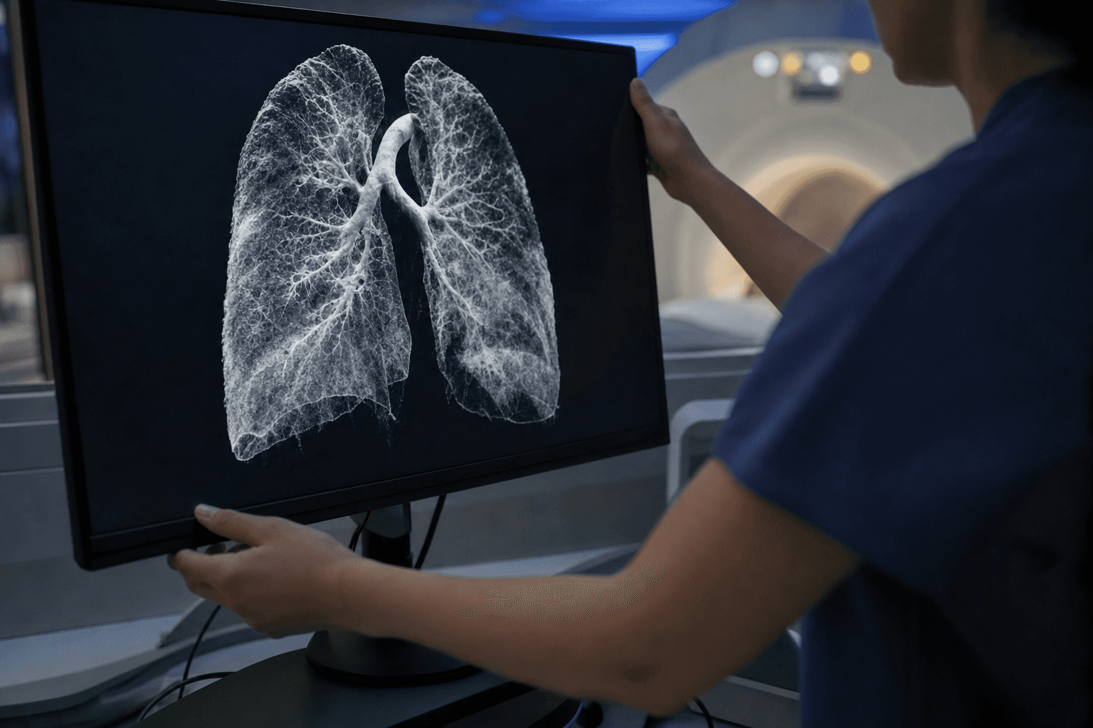 A clinical workstation displaying advanced lung ventilation imaging software