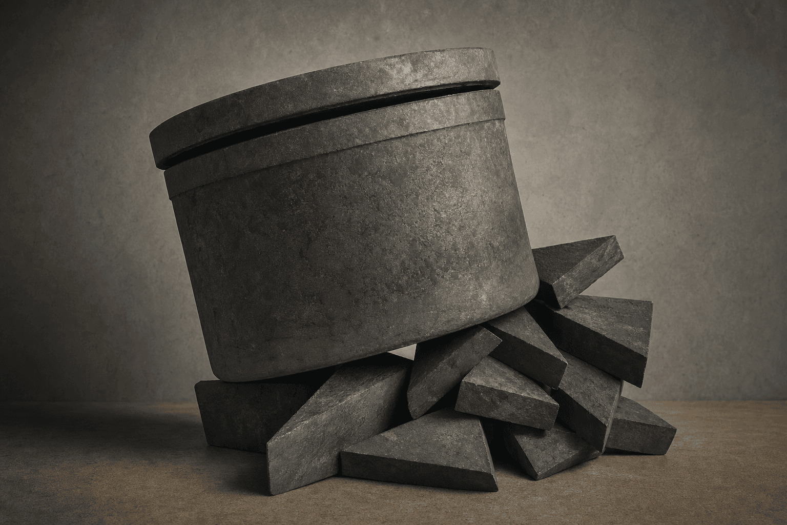 Illustration: An unstable stack of weight wedges tilting a mineral drum.