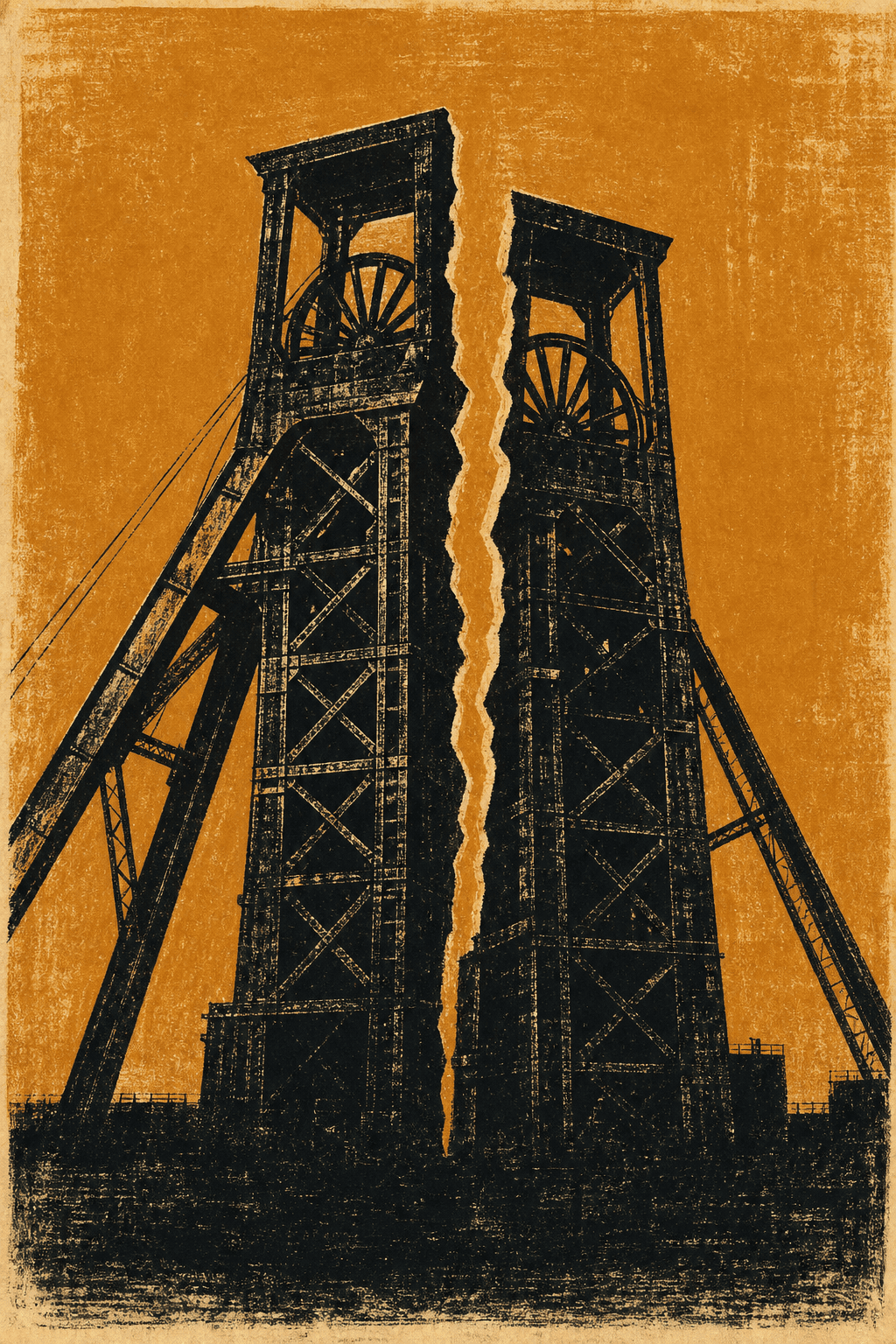Illustration: A tall, split headframe structure showing a structural misalignment.