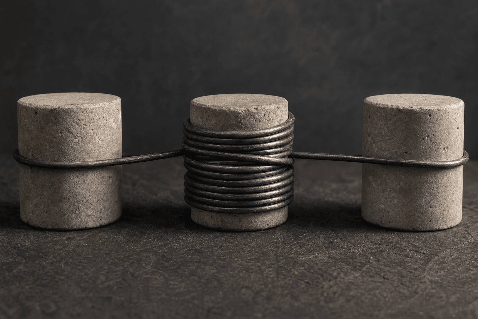 Illustration: Three stone cylinders with one bound tightly under wire tension.