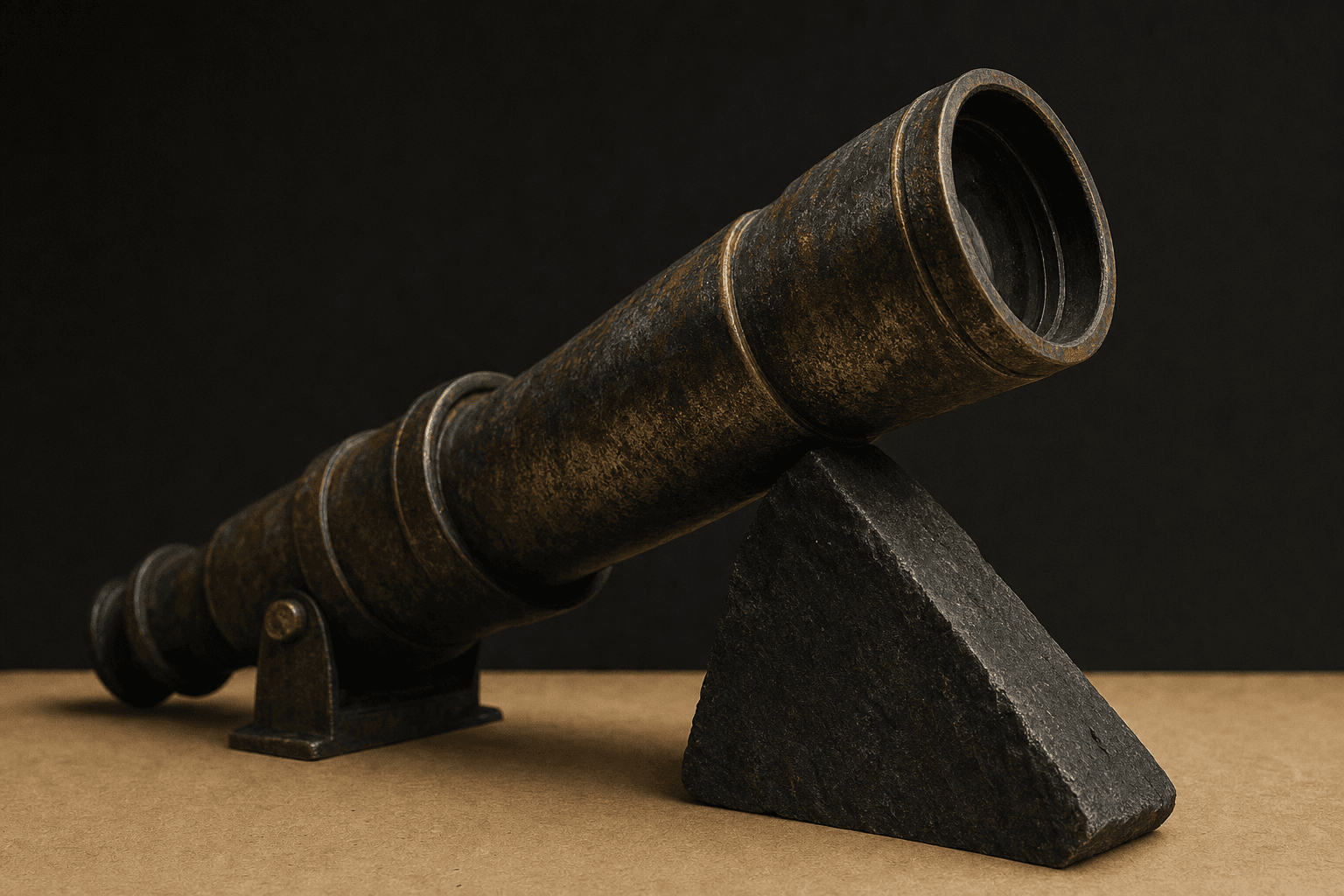 Illustration: An optical instrument propped upward by a heavy dark wedge.