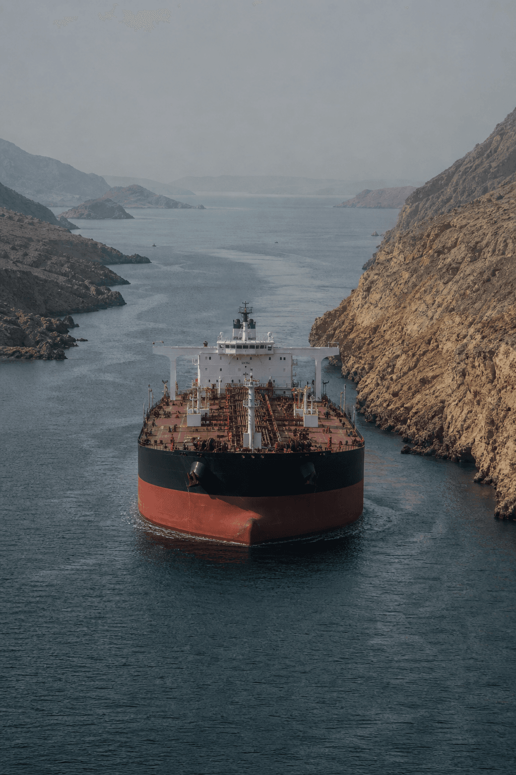 A commercial vessel transiting a narrow maritime choke point