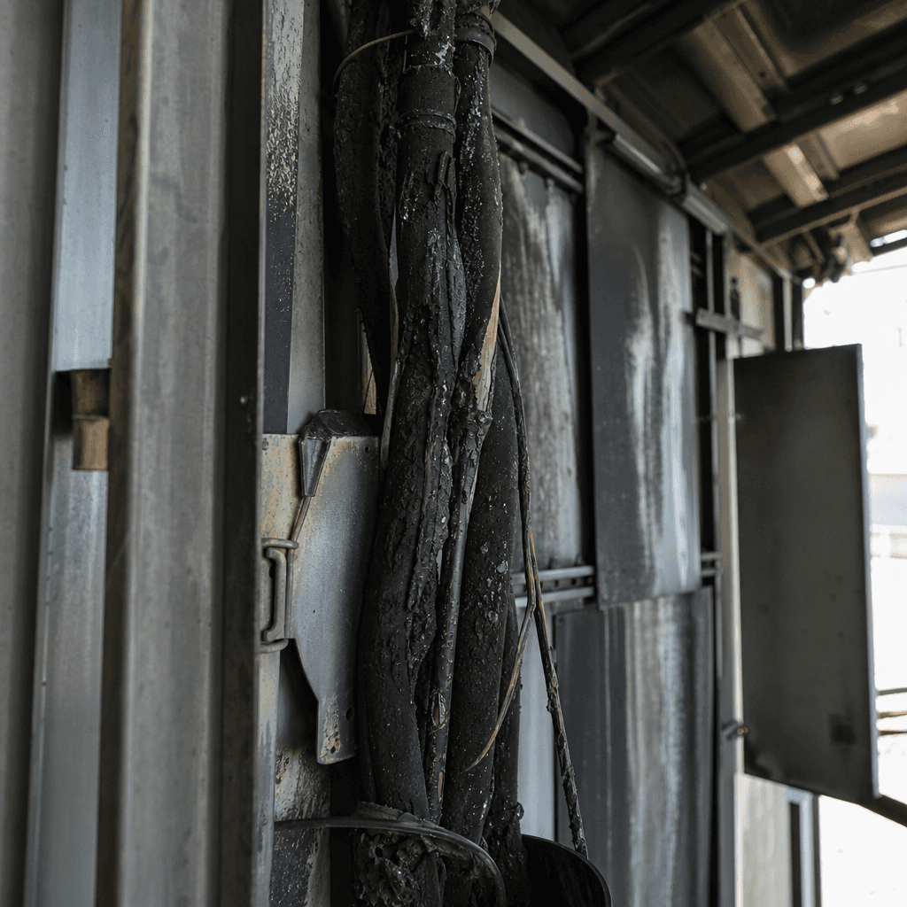 Fire damage inside the primary electrical infrastructure at the site