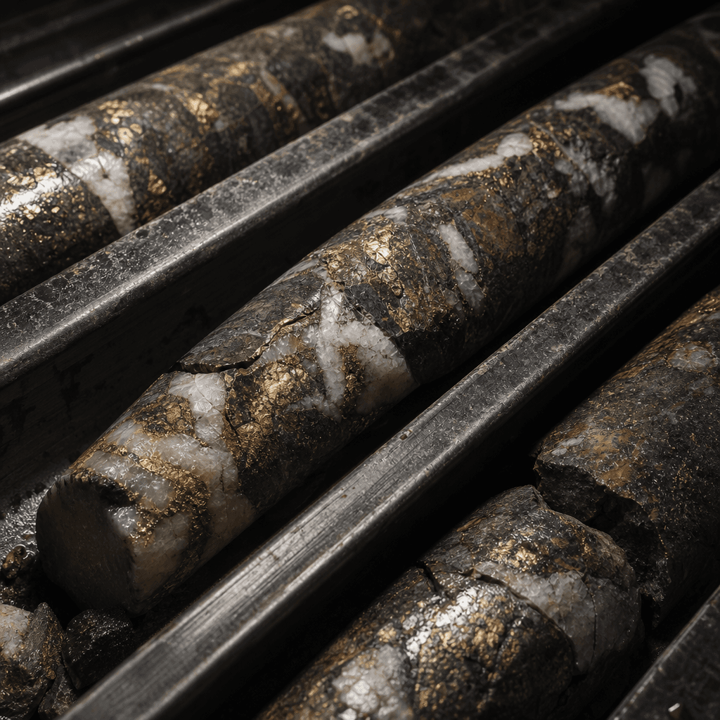 Drill core samples displaying mineralized geological formations