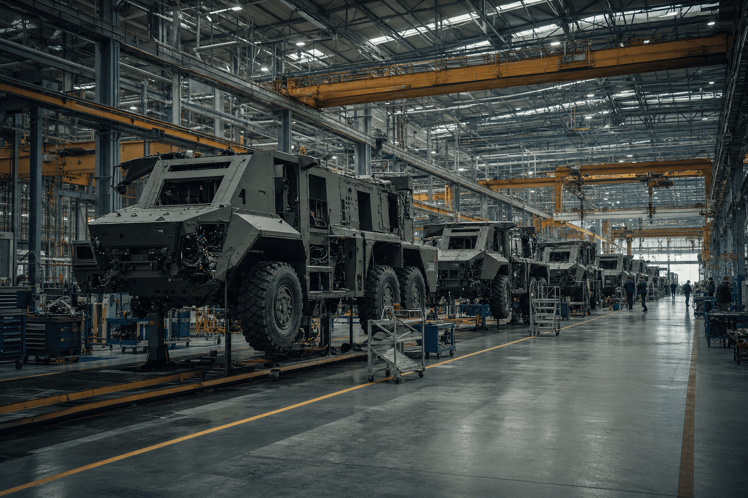 Heavy defense hardware assembly line in a European manufacturing facility