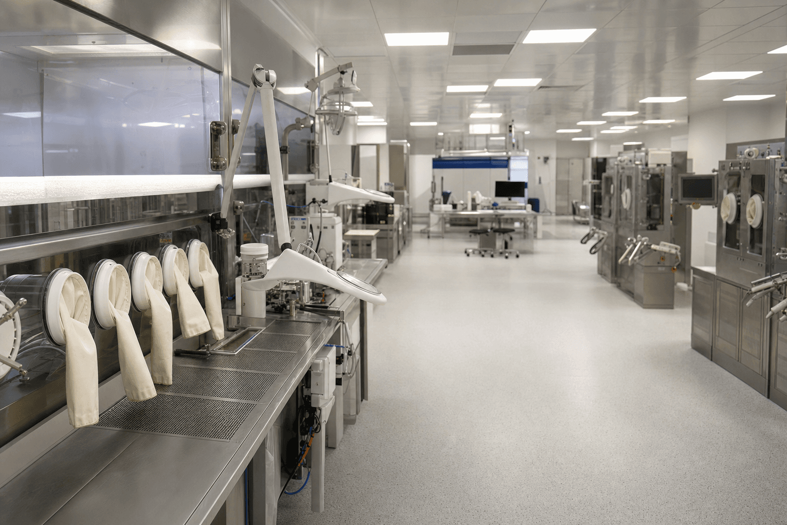 A sterile radiopharmaceutical preparation area inside a molecular oncology manufacturing facility