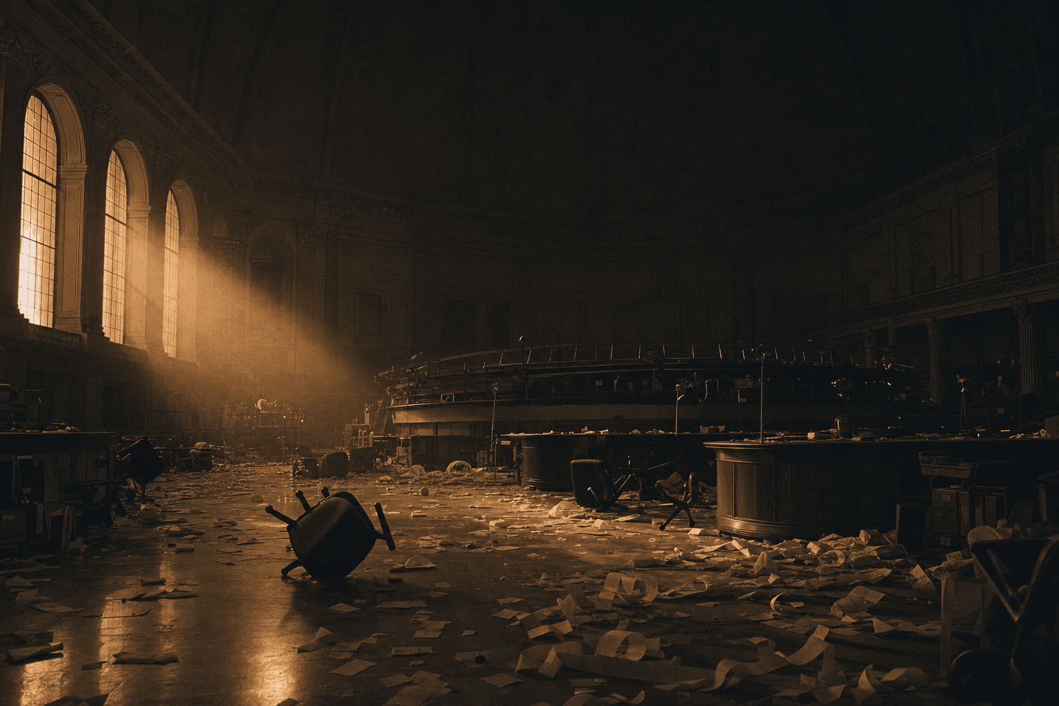 A trading floor in the half-light, the morning after the fall.